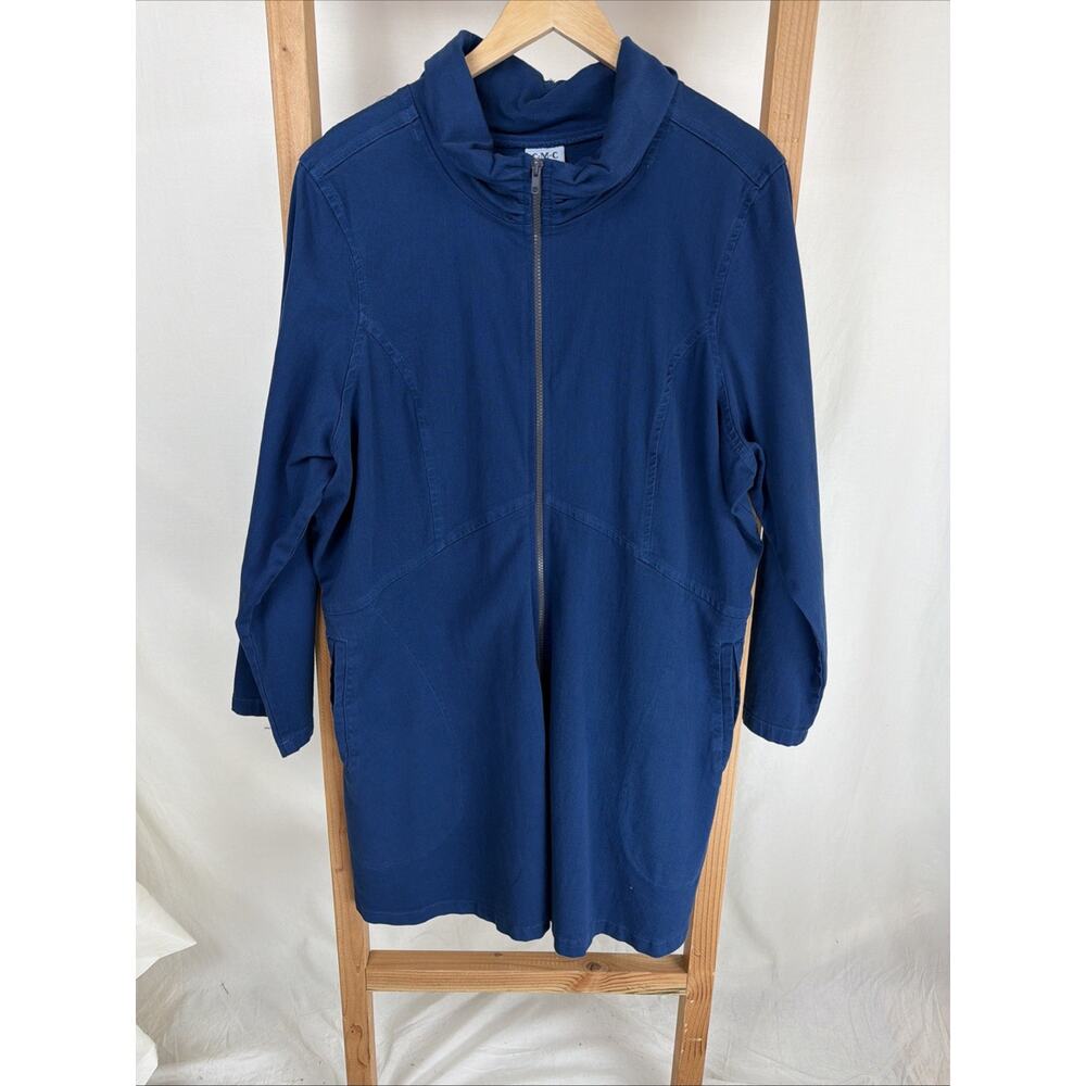 NWT Color Me Cotton CMC Blue Cowl Neck Zip Up Long Denim Coat #0953 Size XXL